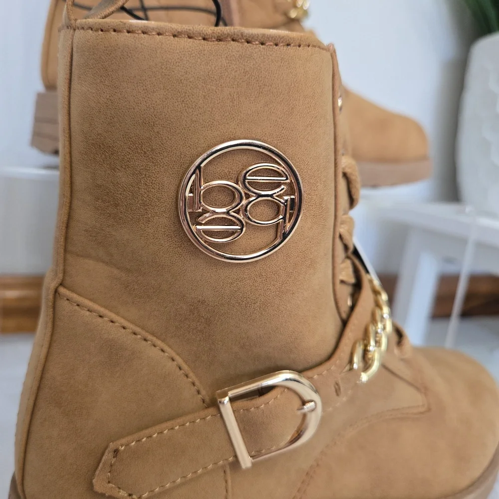 NWT Bebe Girl Stylish Tan Ankle Boots with Chain Detail